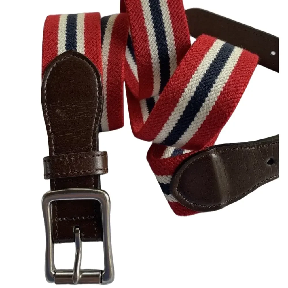 Genuine Leather Belt Silver Buckle Canvas Red White Blue Stretch Unisex Large